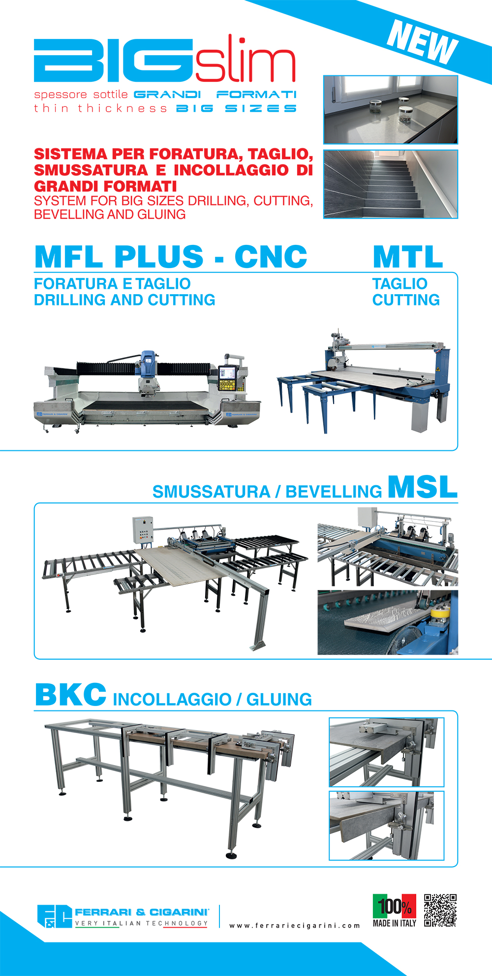 SYSTÈME POUR PERCER, COUPER, BISEAUTER ET ENCOLLER LES GRANDS FORMATS JUSQU'Á 360x160 CM